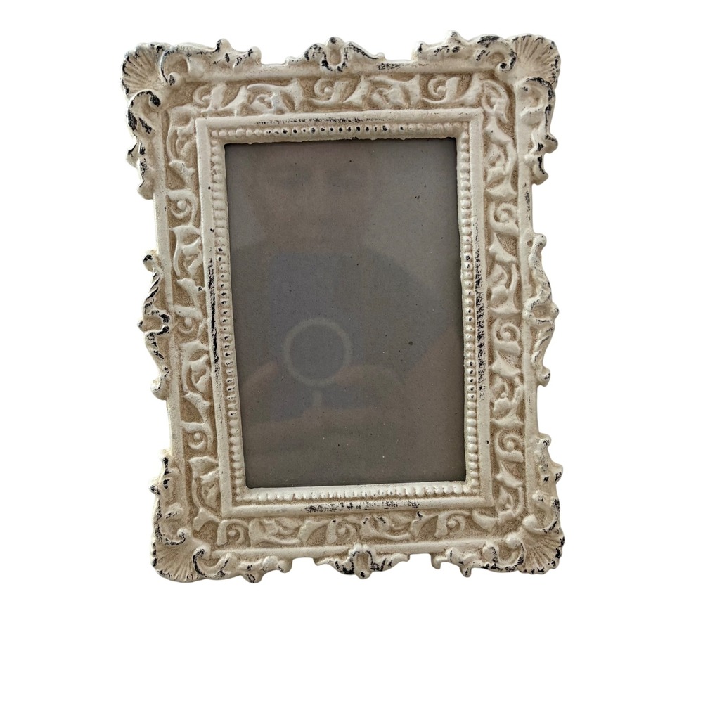 Vintage Ornate Baroque Style 4x6 Picture Frame Distressed Cream Tabletop Decor